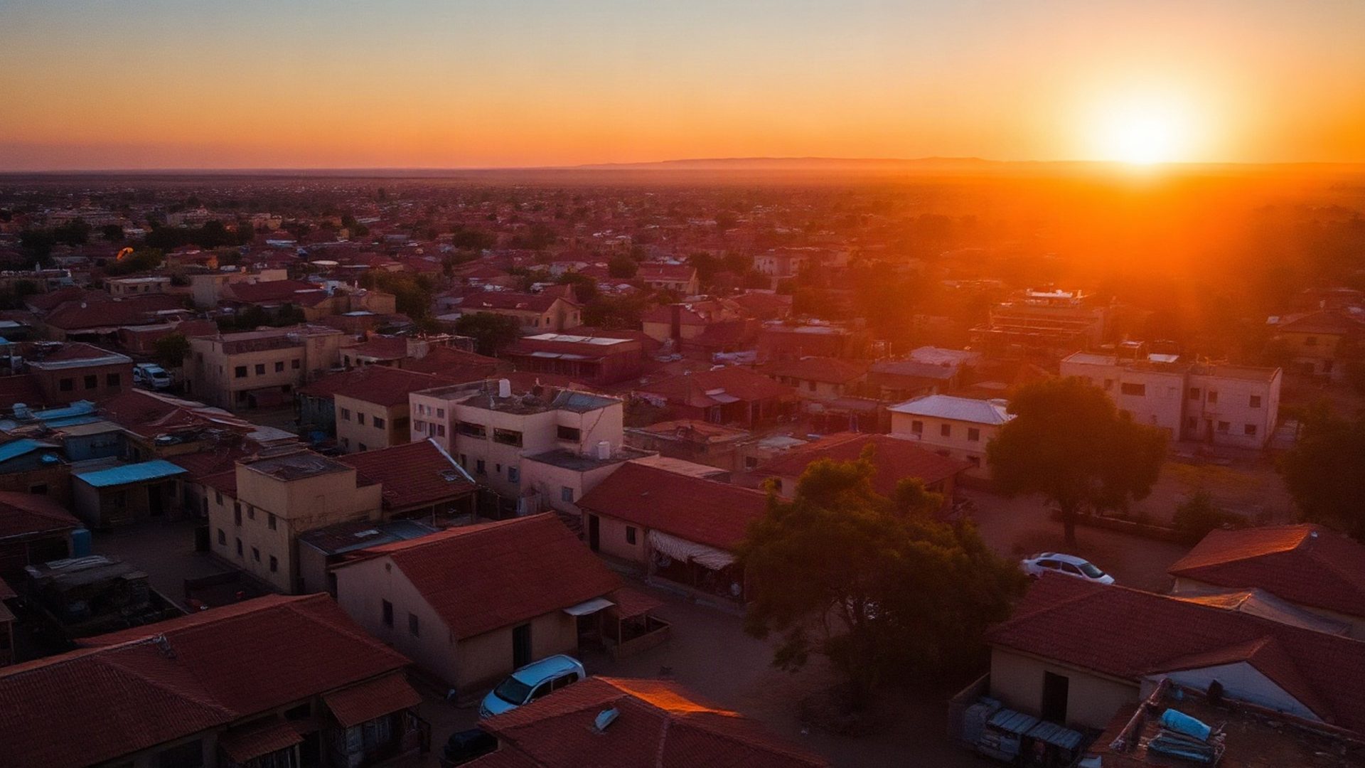 Aerial view of Garissa townscape at golden dusk